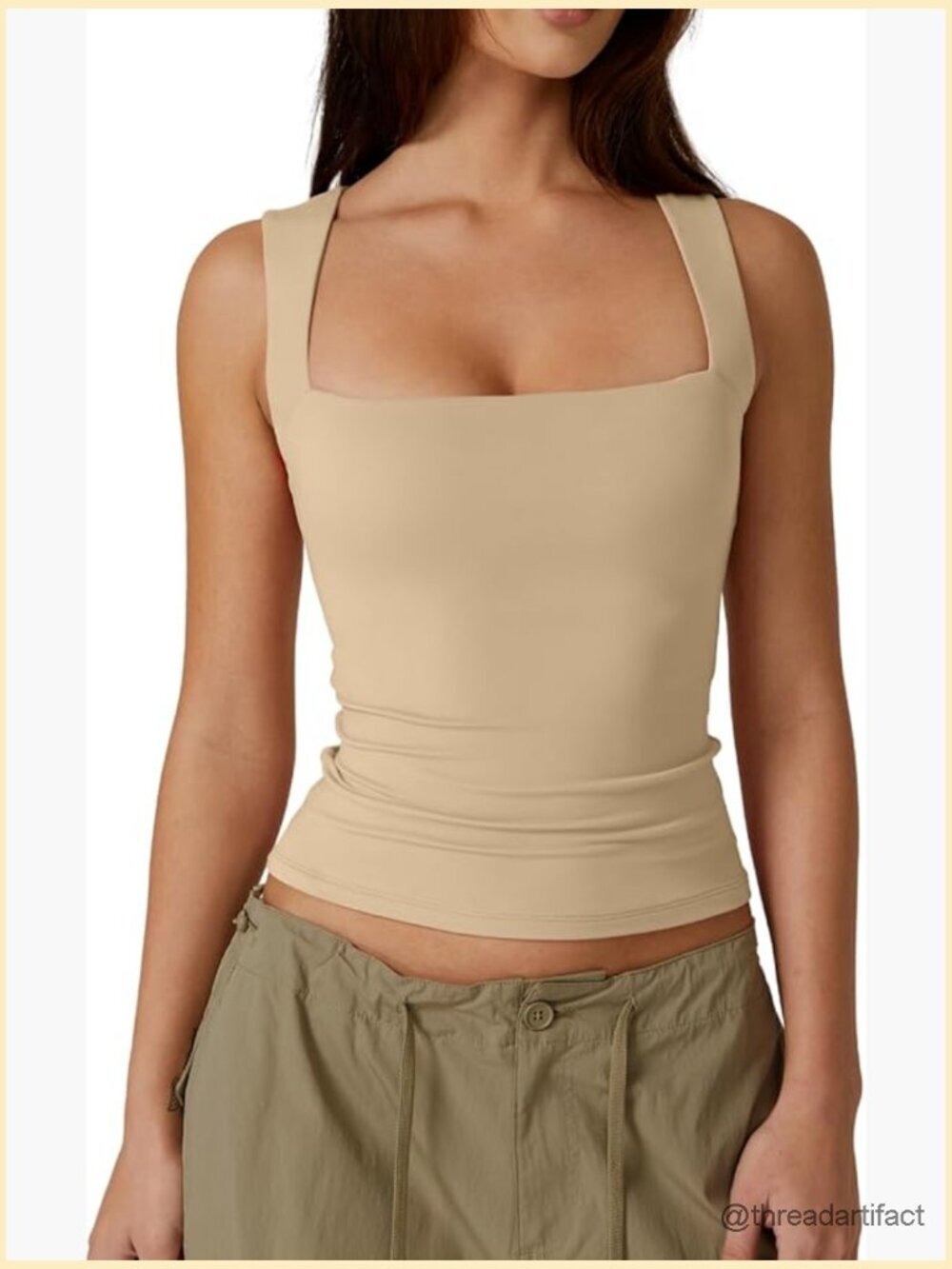 Square Neck Sleeveless Double-Layer Tank Top Slim Fit Stretchy Basic Tee